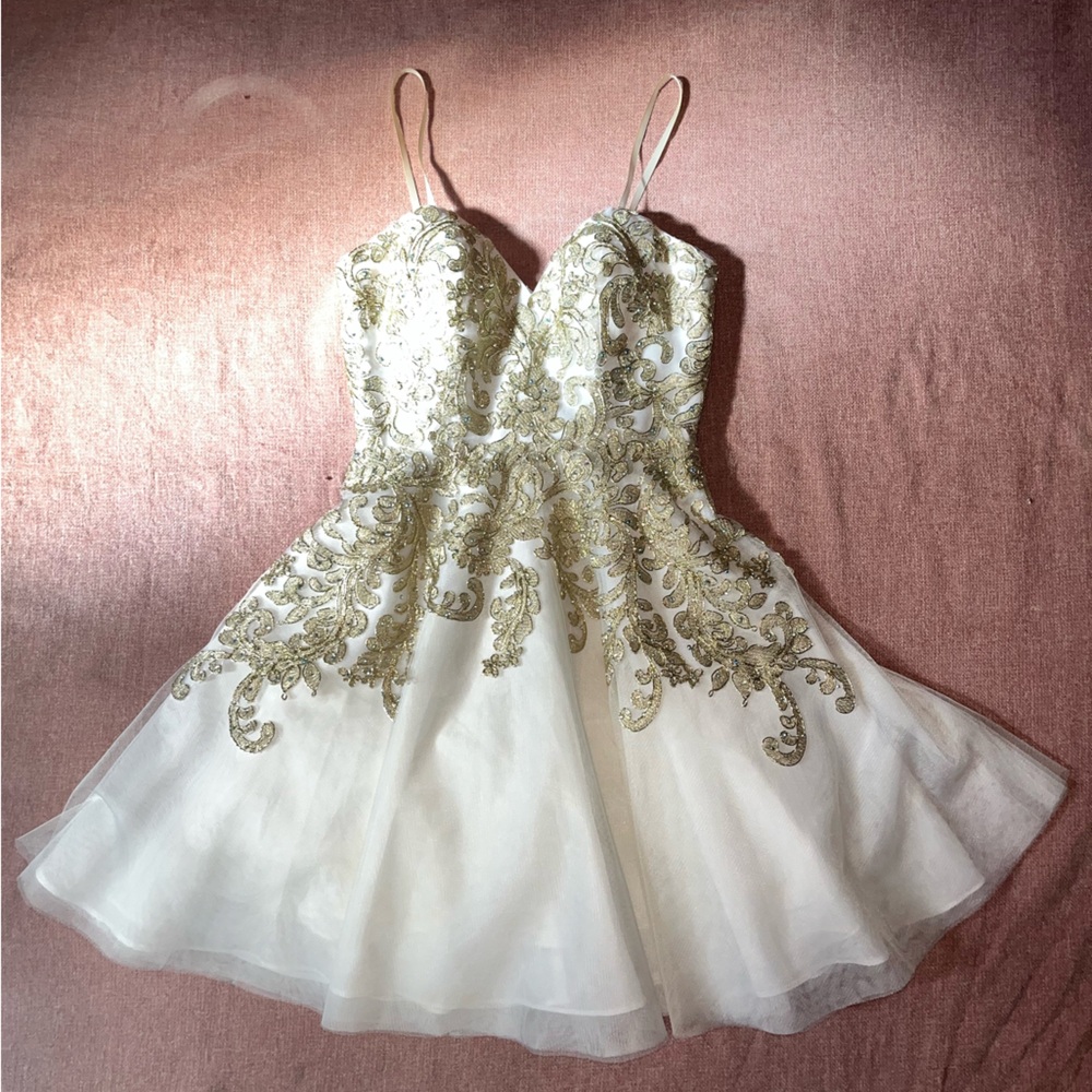 Elegant White and Gold Strapless Dress